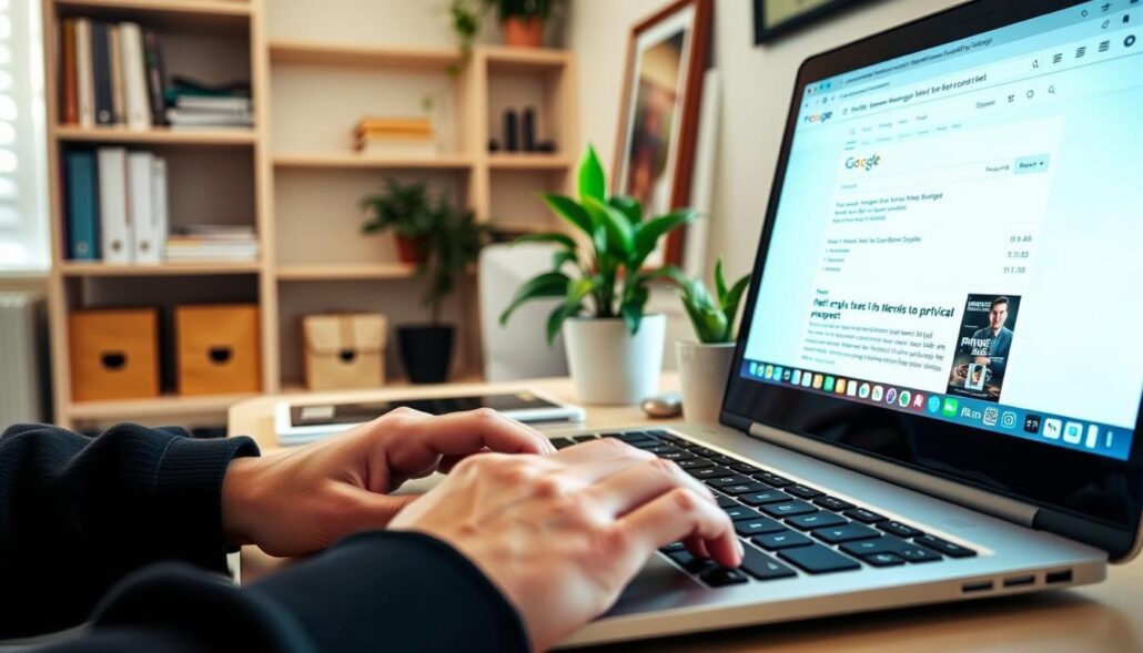 A bright, well-lit workspace with a laptop, keyboard, and various office supplies. In the foreground, a person's hands are typing on the keyboard, focused on the screen displaying a blog article with SEO-optimized content. The background features a neatly organized bookshelf, a potted plant, and a framed image of a search engine results page, emphasizing the importance of SEO. The scene conveys a productive, detail-oriented atmosphere, reflecting the subject of optimizing blog content for better search engine rankings. A bright, well-lit workspace with a laptop, keyboard, and various office supplies. In the foreground, a person's hands are typing on the keyboard, focused on the screen displaying a blog article with SEO-optimized content. The background features a neatly organized bookshelf, a potted plant, and a framed image of a search engine results page, emphasizing the importance of SEO. The scene conveys a productive, detail-oriented atmosphere, reflecting the subject of optimizing blog content for better search engine rankings.