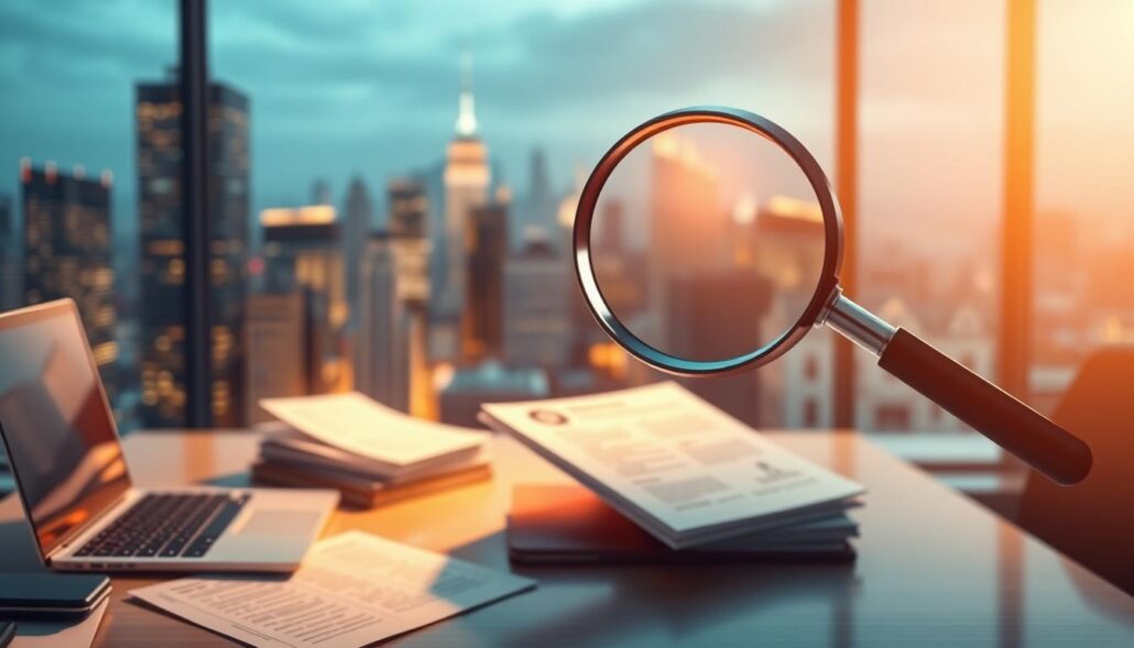 A detailed, high-quality digital illustration depicting the concept of "Duplicate Content vermeiden". In the foreground, an office desk with a laptop and several documents, symbolizing content creation. Behind it, a large magnifying glass hovering over the desk, symbolizing the scrutiny and examination of content. In the background, a blurred cityscape with skyscrapers, representing the vast online landscape. The entire scene is illuminated by warm, directional lighting, creating a sense of focus and clarity. The overall mood is one of diligence, attention to detail, and the importance of unique, high-quality content. A detailed, high-quality digital illustration depicting the concept of "Duplicate Content vermeiden". In the foreground, an office desk with a laptop and several documents, symbolizing content creation. Behind it, a large magnifying glass hovering over the desk, symbolizing the scrutiny and examination of content. In the background, a blurred cityscape with skyscrapers, representing the vast online landscape. The entire scene is illuminated by warm, directional lighting, creating a sense of focus and clarity. The overall mood is one of diligence, attention to detail, and the importance of unique, high-quality content.