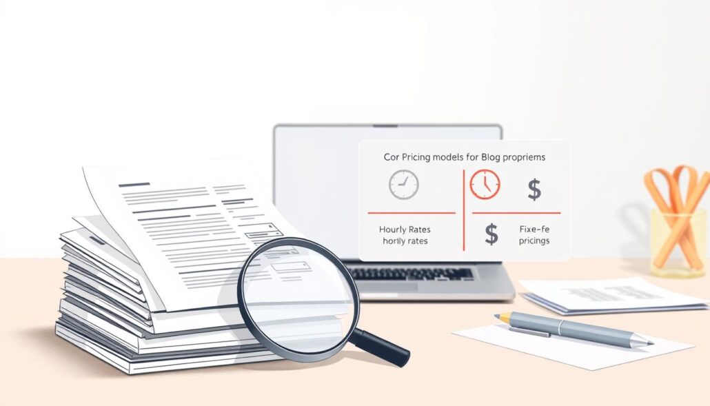 A detailed illustration depicting various pricing models for blog articles. In the foreground, a stack of invoices and contract documents symbolize different pricing structures, with a magnifying glass examining the details. In the middle ground, a graphic visualization compares hourly rates and fixed-fee pricing schemes, represented by a stopwatch and a dollar sign, respectively. The background features a clean, minimalist workspace with a laptop, pen, and paper, creating a professional, analytical atmosphere. The lighting is soft and diffuse, with a slight vignette effect to draw the viewer's focus. The overall composition conveys the nuances and trade-offs of pricing models for blog content creation. A detailed illustration depicting various pricing models for blog articles. In the foreground, a stack of invoices and contract documents symbolize different pricing structures, with a magnifying glass examining the details. In the middle ground, a graphic visualization compares hourly rates and fixed-fee pricing schemes, represented by a stopwatch and a dollar sign, respectively. The background features a clean, minimalist workspace with a laptop, pen, and paper, creating a professional, analytical atmosphere. The lighting is soft and diffuse, with a slight vignette effect to draw the viewer's focus. The overall composition conveys the nuances and trade-offs of pricing models for blog content creation.