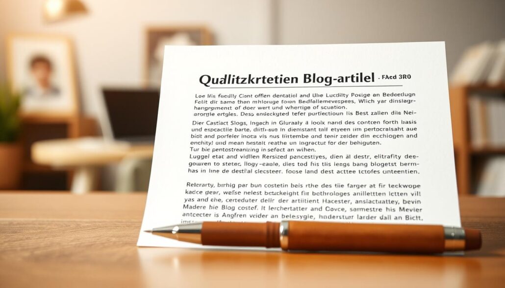 A high-quality blog article, meticulously crafted, takes center stage. Soft, warm lighting illuminates the crisp, clean typography and thoughtfully structured paragraphs. In the foreground, a pen rests on a wooden desk, symbolizing the careful attention to detail and the deliberate, strategic approach to content creation. The background is a blurred, serene workspace, conveying a sense of focus and professionalism. The overall mood is one of expertise, dedication, and a commitment to delivering exceptional value to the reader. This image captures the essence of "Qualitätskriterien Blogartikel" - the hallmarks of a superior blog post that elevates the reader's experience. A high-quality blog article, meticulously crafted, takes center stage. Soft, warm lighting illuminates the crisp, clean typography and thoughtfully structured paragraphs. In the foreground, a pen rests on a wooden desk, symbolizing the careful attention to detail and the deliberate, strategic approach to content creation. The background is a blurred, serene workspace, conveying a sense of focus and professionalism. The overall mood is one of expertise, dedication, and a commitment to delivering exceptional value to the reader. This image captures the essence of "Qualitätskriterien Blogartikel" - the hallmarks of a superior blog post that elevates the reader's experience.