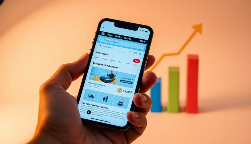 A mobile device held in a hand, its screen displaying a website with optimized layout and user-friendly navigation. In the background, a bar chart depicting a rising conversion rate, represented by colorful bars against a clean, minimalist backdrop. Warm, soft lighting casts a subtle glow, creating a sense of efficiency and progress. The composition emphasizes the synergy between mobile optimization and improved user experience, conveying the potential for driving business growth. A mobile device held in a hand, its screen displaying a website with optimized layout and user-friendly navigation. In the background, a bar chart depicting a rising conversion rate, represented by colorful bars against a clean, minimalist backdrop. Warm, soft lighting casts a subtle glow, creating a sense of efficiency and progress. The composition emphasizes the synergy between mobile optimization and improved user experience, conveying the potential for driving business growth.