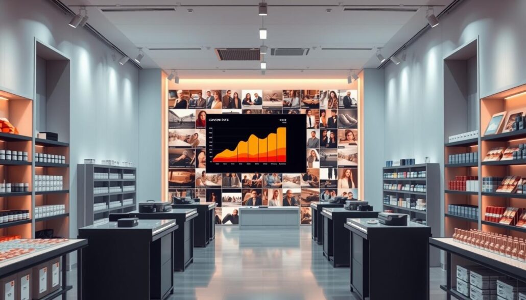 A modern, minimalist online shop interior with a prominent blog section. Crisp overhead lighting illuminates rows of neatly arranged product displays and shelving units. In the center, a large monitor screen shows an abstract chart visualizing conversion rate data. On the far wall, a collage of blog post thumbnails in warm tones creates a visual focal point, conveying the importance of editorial content. The entire scene exudes a sense of professionalism, trust, and customer-centric design. A modern, minimalist online shop interior with a prominent blog section. Crisp overhead lighting illuminates rows of neatly arranged product displays and shelving units. In the center, a large monitor screen shows an abstract chart visualizing conversion rate data. On the far wall, a collage of blog post thumbnails in warm tones creates a visual focal point, conveying the importance of editorial content. The entire scene exudes a sense of professionalism, trust, and customer-centric design.