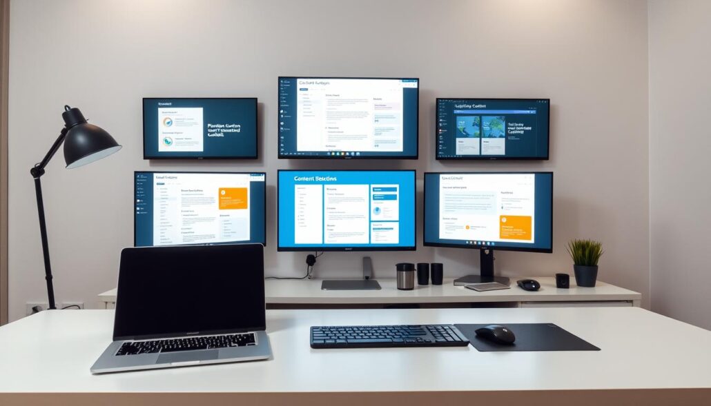 A well-lit workspace with a selection of digital tools and software applications displayed prominently on a sleek, modern desk. In the foreground, a laptop, mouse, and keyboard sit atop a clean, minimalist surface, while in the middle ground, various screens depict interfaces for content analysis, plagiarism detection, and duplicate content identification. The background features a neutrally-colored wall, allowing the focus to remain on the technological solutions for maintaining unique, high-quality content. Subtle ambient lighting and a sense of order and professionalism create an atmosphere conducive to effective content management. A well-lit workspace with a selection of digital tools and software applications displayed prominently on a sleek, modern desk. In the foreground, a laptop, mouse, and keyboard sit atop a clean, minimalist surface, while in the middle ground, various screens depict interfaces for content analysis, plagiarism detection, and duplicate content identification. The background features a neutrally-colored wall, allowing the focus to remain on the technological solutions for maintaining unique, high-quality content. Subtle ambient lighting and a sense of order and professionalism create an atmosphere conducive to effective content management.